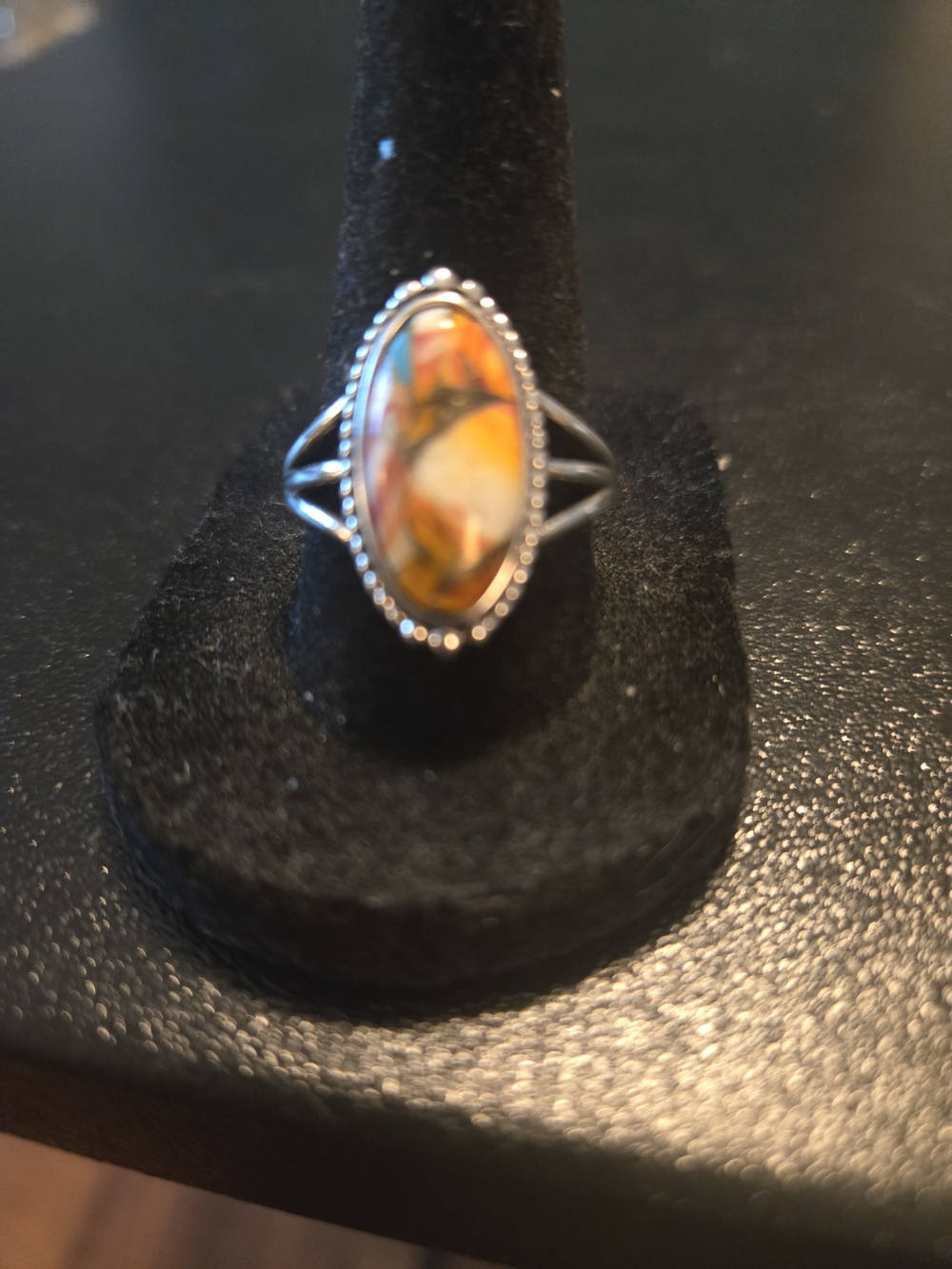 Silver Oval Multicolor Stone Ring - Yellow Orange Accent (Adjustable)